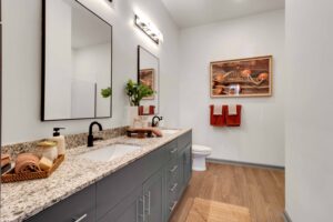 Modern bathroom with double vanity, granite countertop, and elegant decor featuring plants and artwork.